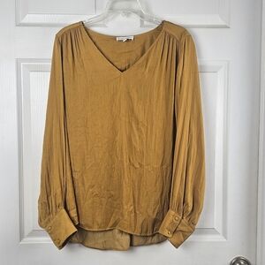 Anthropologie Maison D'Amelie Golden Yellow Satin Long Sleeve Blouse Top XL‎